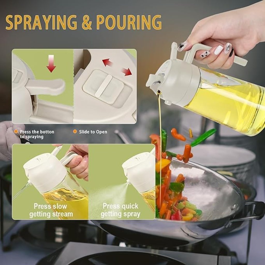2-in-1 Olive Oil Pourer and Spray Bottle for Cooking | Refillable Glass Oil Dispenser with Premium Nozzle | Sprayer for Air Fryer, Salad, Baking, Grilling (Multicolour)