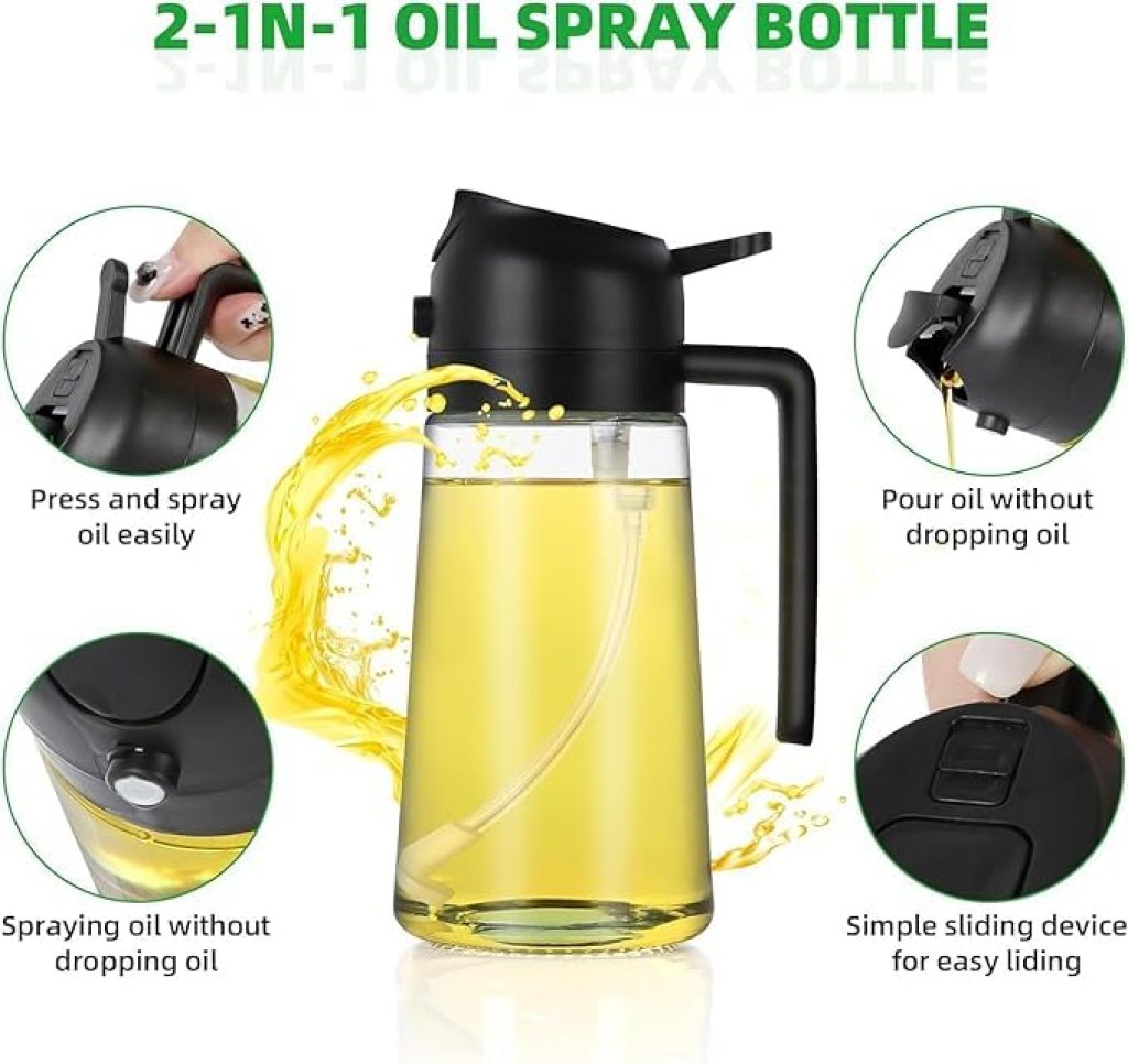 2-in-1 Olive Oil Pourer and Spray Bottle for Cooking | Refillable Glass Oil Dispenser with Premium Nozzle | Sprayer for Air Fryer, Salad, Baking, Grilling (Multicolour)