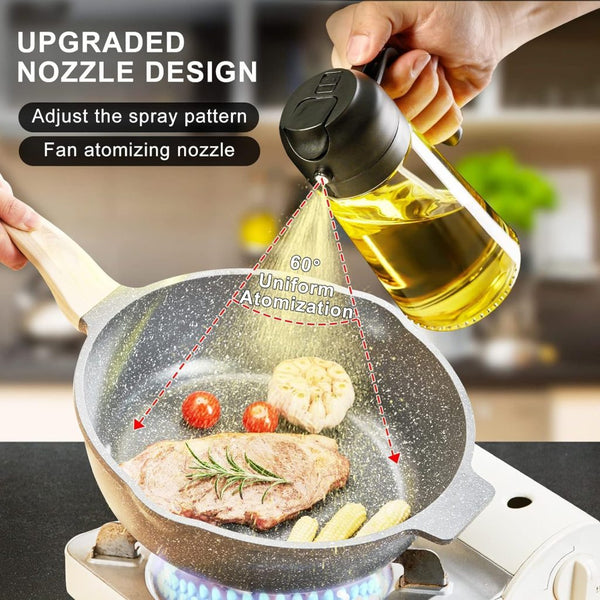 2-in-1 Olive Oil Pourer and Spray Bottle for Cooking | Refillable Glass Oil Dispenser with Premium Nozzle | Sprayer for Air Fryer, Salad, Baking, Grilling (Multicolour)